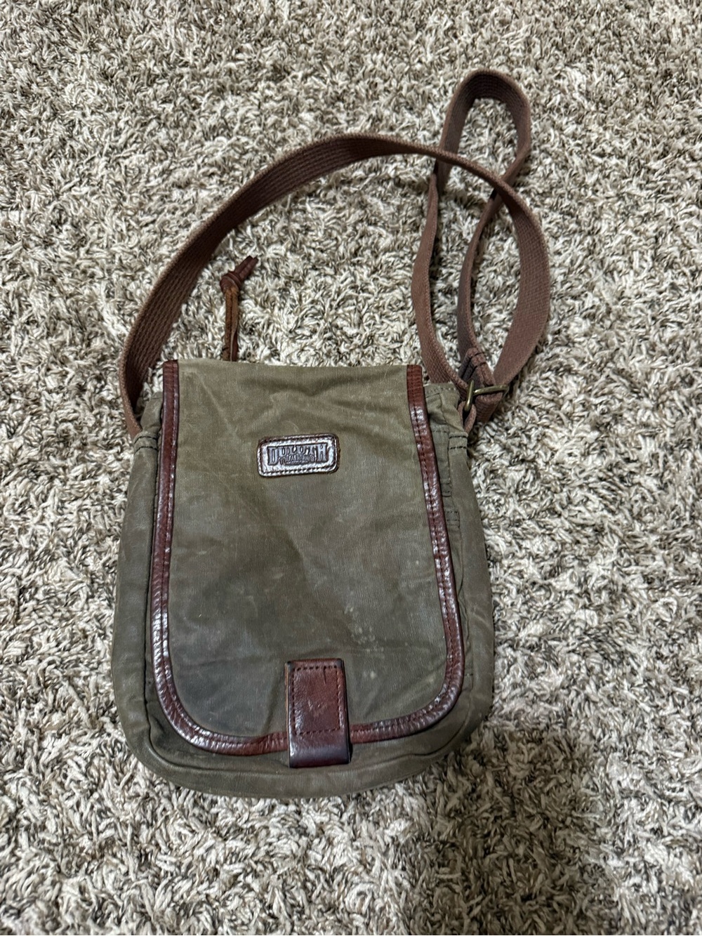 Duluth Trading Co Olive Green Canvas Messenger Bag with Brown Trim